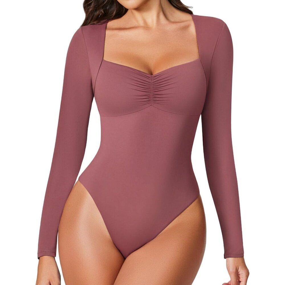 Women's Sexy Sweetheart Neckline Purple Red Bodysuit Long Sleeve Double Tops